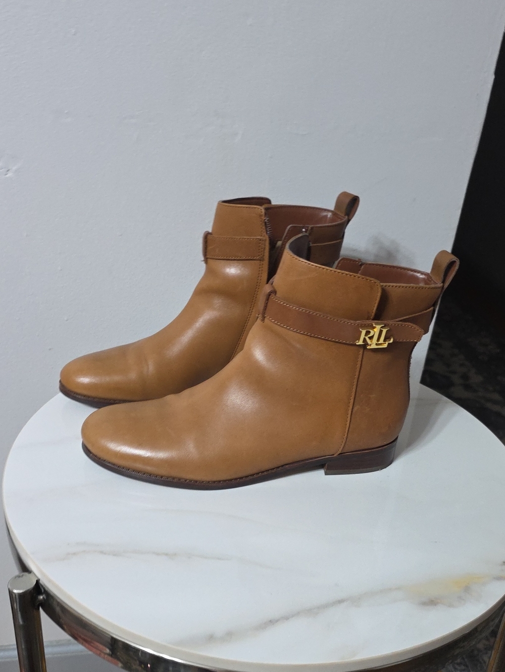 Ralph Lauren Cognac Leather Ankle Booties with RLL Hardware